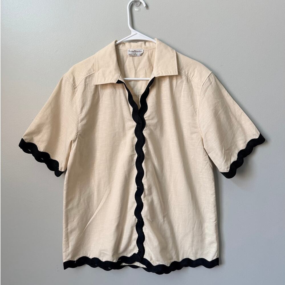 Seven Wonders Harry Shirt Linen Blend Cream Scallop Swirl Wave Top Women’s Sz S